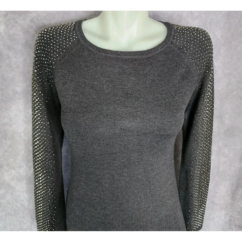 Calvin Klein Sweater Dress Womens Small Gray Studded Sleeve Knit Sheath Mini